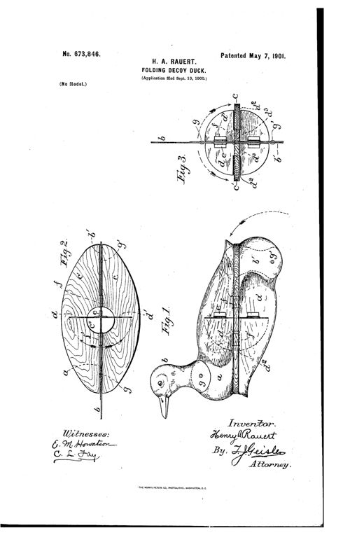 Patent drawing of a folding sheet-iron decoy duck showing a side view with hinged head and floats, a plan view of the oval body with wood-grain shading, and a front view illustrating the wings extended outward over the floats.