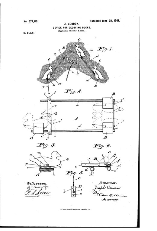 Patent drawing showing a folding floating support with two crossed rods holding three sheet-metal duck decoys via sliding blocks, plus detail views of the folded frame, a single duck block attachment, and a clamp-bolt brace joint.