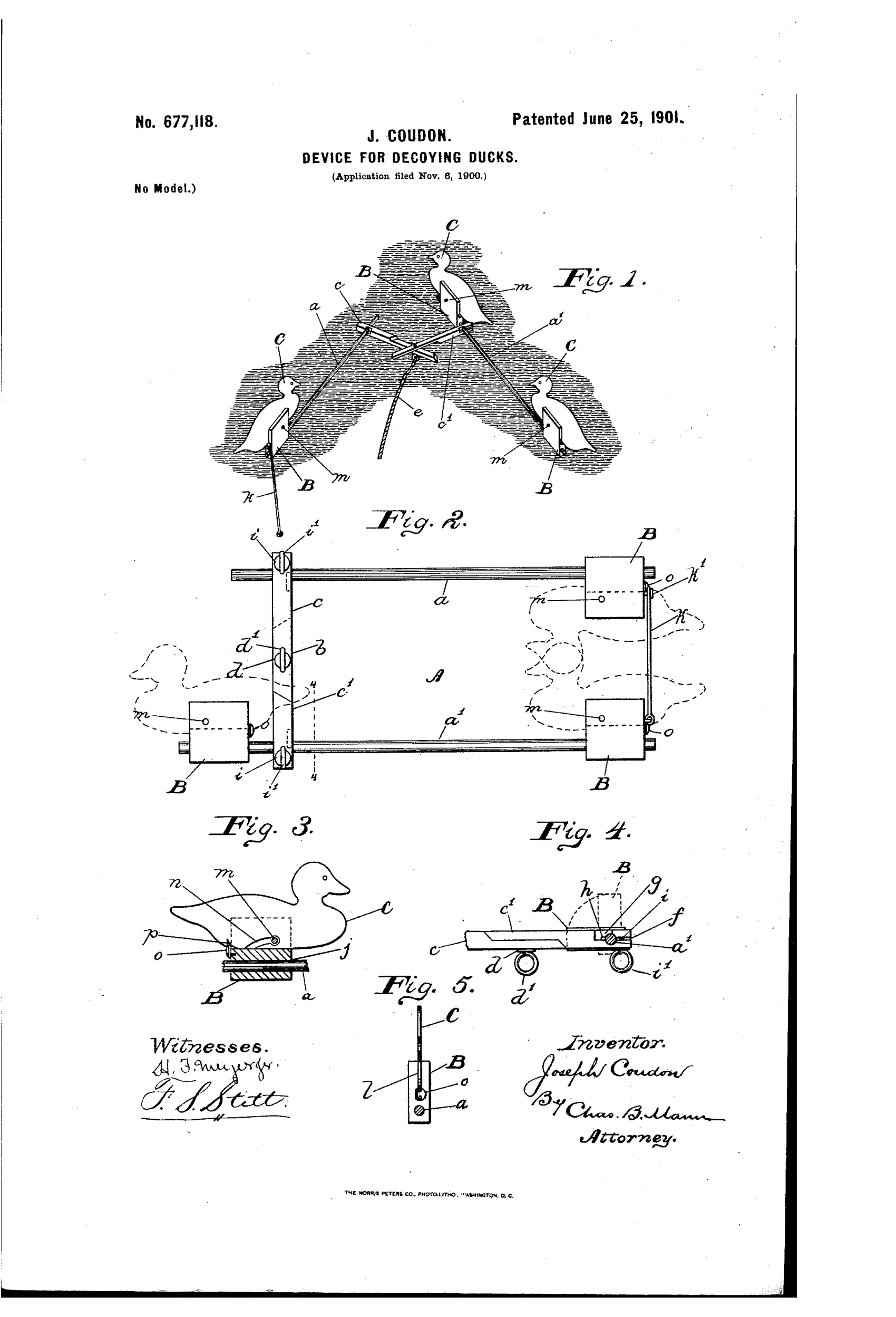 Patent drawing showing a folding floating support with two crossed rods holding three sheet-metal duck decoys via sliding blocks, plus detail views of the folded frame, a single duck block attachment, and a clamp-bolt brace joint.