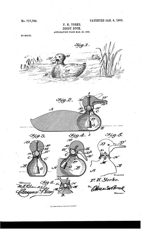 Patent drawing of a wooden decoy duck floating on water with reeds, showing internal cutaway views of a weighted rod and ball mechanism that allows the head to rock and nod.
