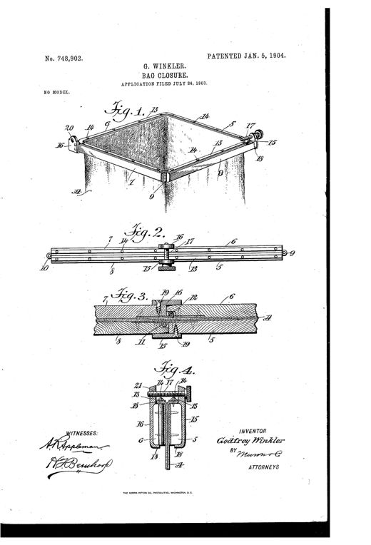 Line drawing of a square collapsible wooden frame with hinged corner joints and a screw clamp mechanism, shown open over a bag in Fig.1 and folded flat with clamp details in Figs. 2-4.