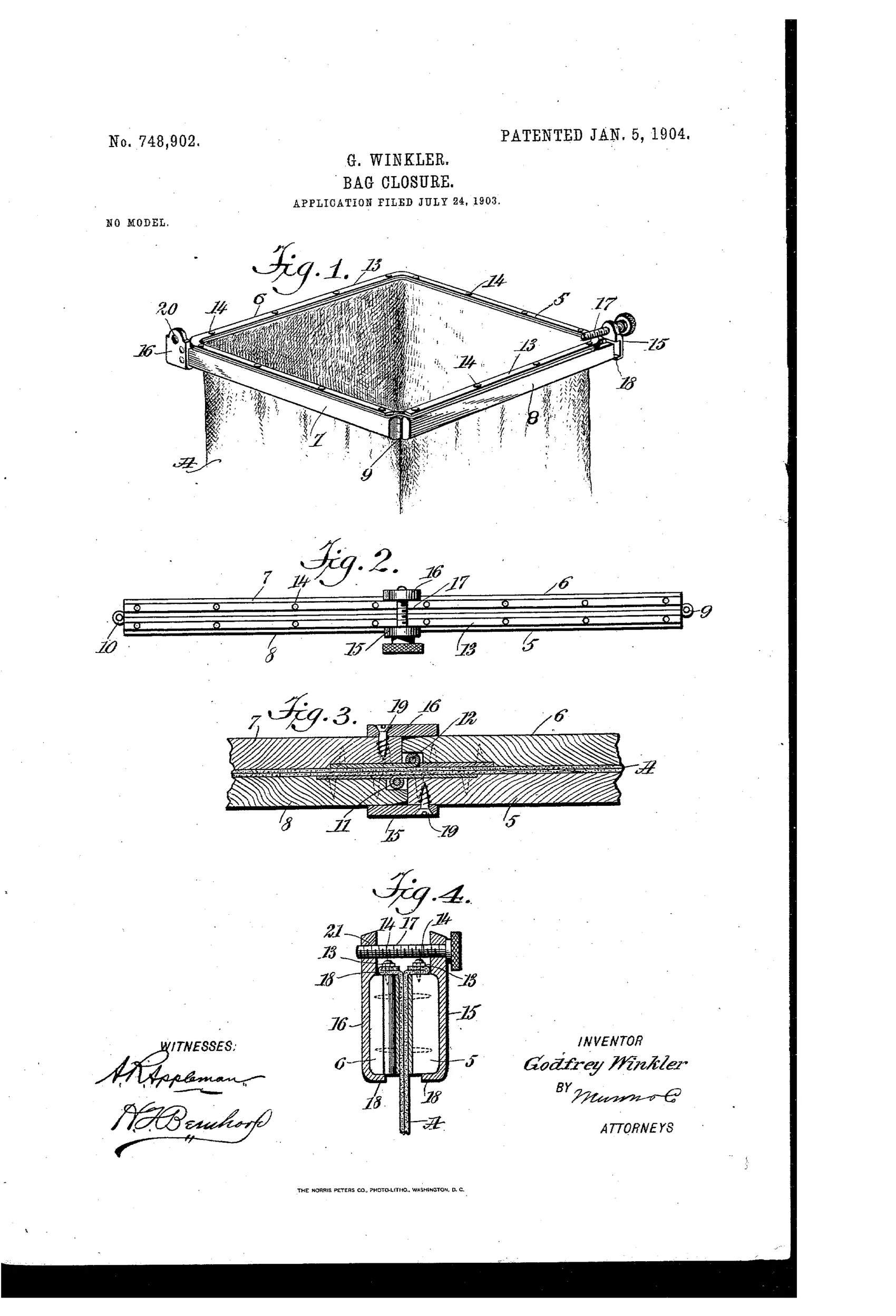 Line drawing of a square collapsible wooden frame with hinged corner joints and a screw clamp mechanism, shown open over a bag in Fig.1 and folded flat with clamp details in Figs. 2-4.