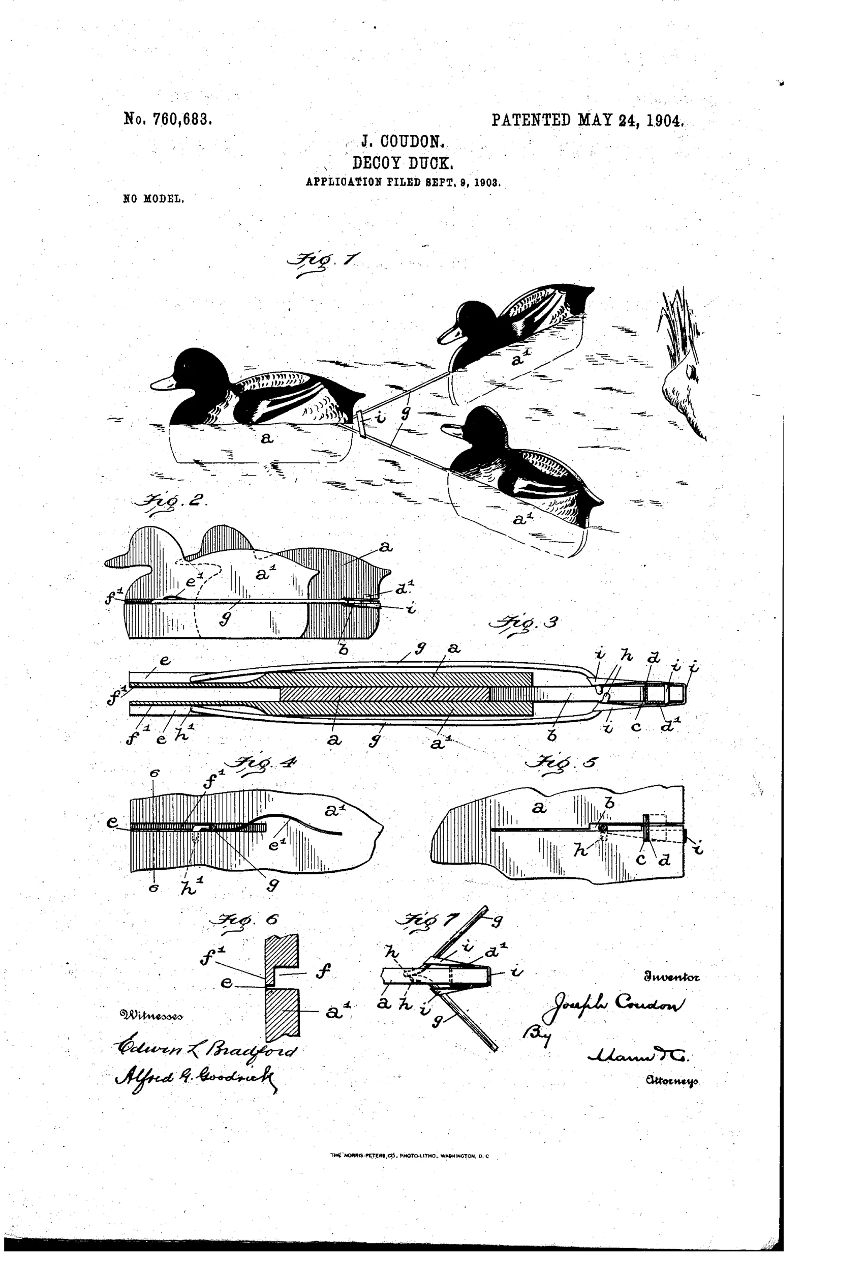 Patent drawing showing three wooden duck decoys floating on water, connected by thin rigid links pivoted at hook joints, with detailed cross-section diagrams of the slotted wooden bodies and connecting plates below.