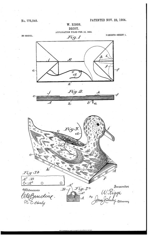 Patent drawings showing a duck-shaped decoy that folds flat like a paper craft, with labeled creases, a wooden base with hinged anchor loop, and a modified version with pull-strings to distend the head and body into shape.