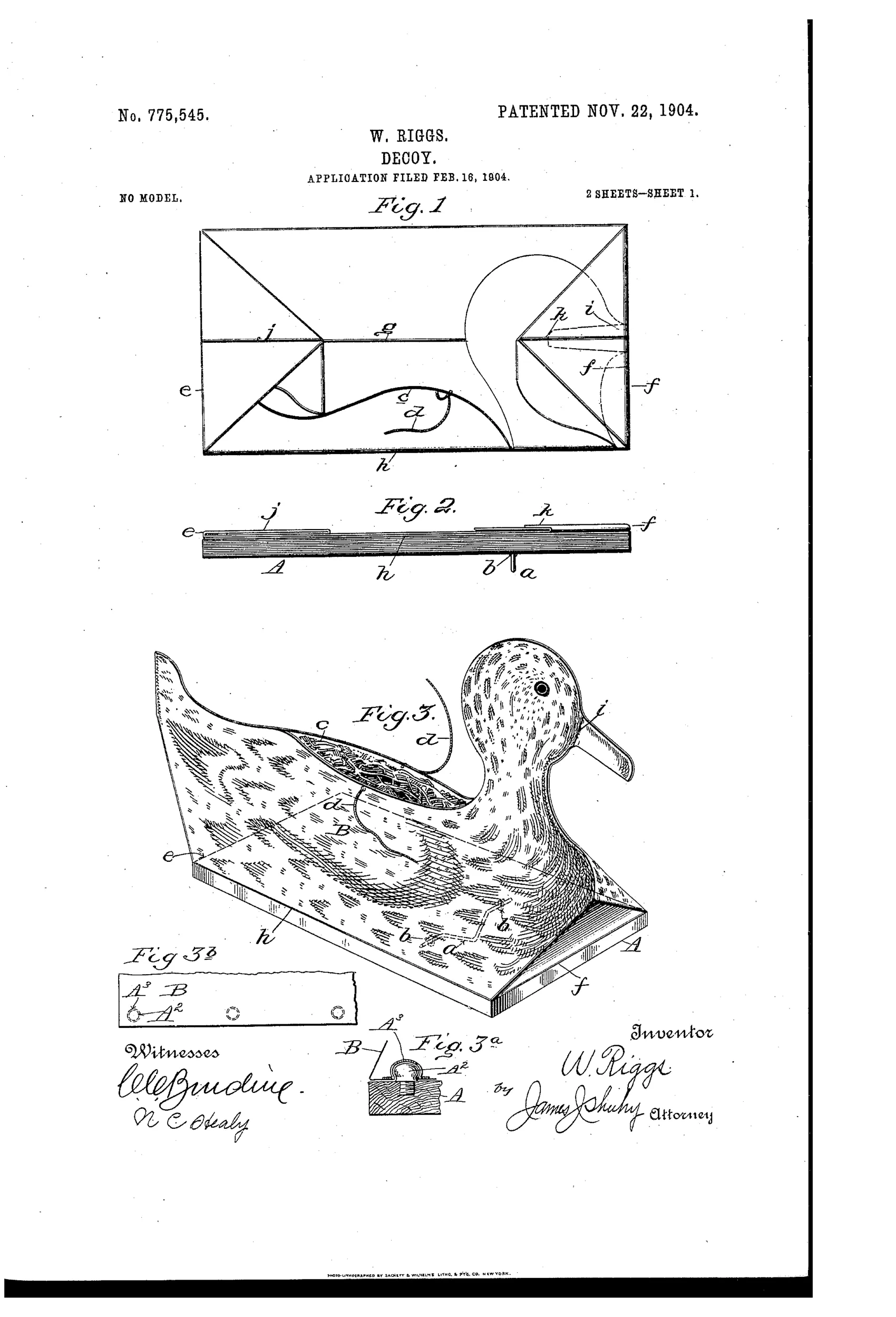 Patent drawings showing a duck-shaped decoy that folds flat like a paper craft, with labeled creases, a wooden base with hinged anchor loop, and a modified version with pull-strings to distend the head and body into shape.