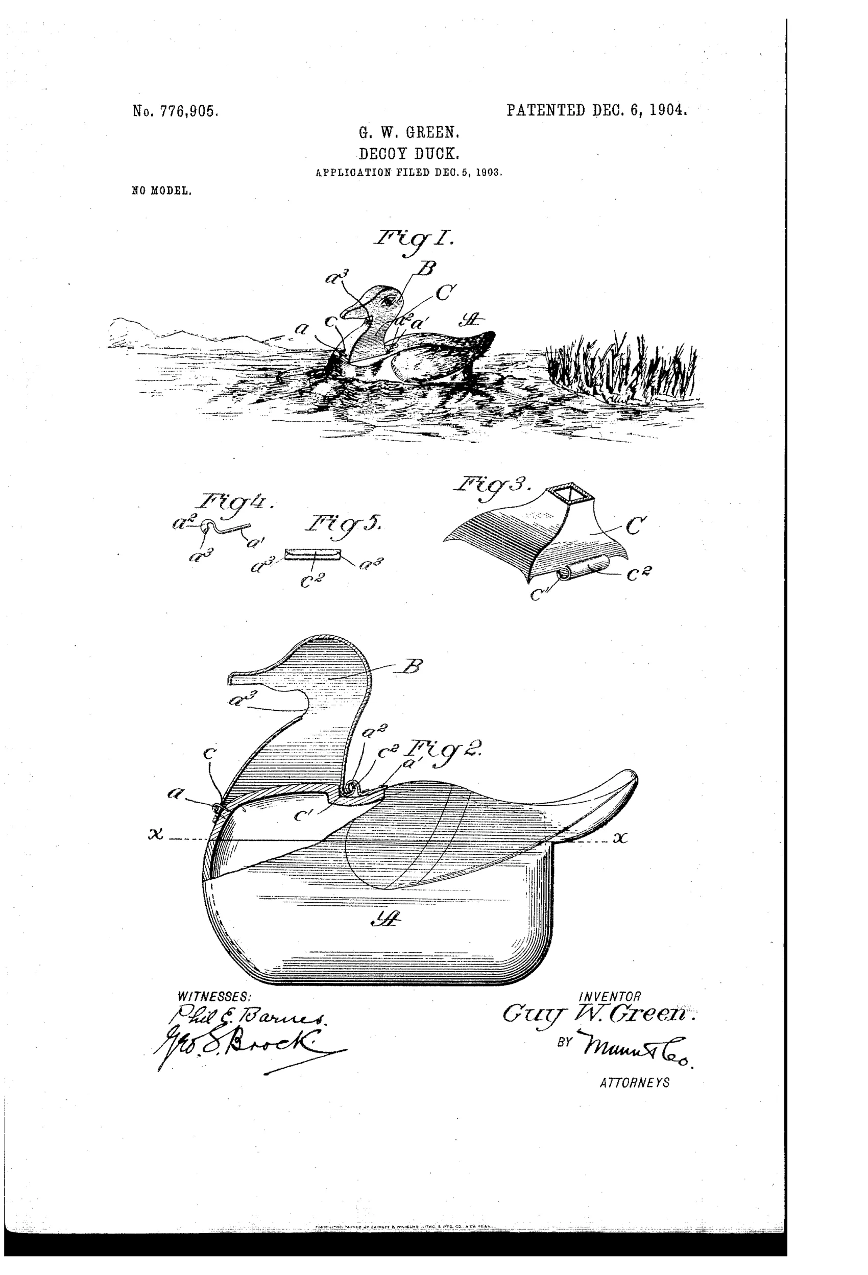 Patent drawing of a wooden duck decoy floating on water with a detachable metal head and neck, plus detail views of the hinge hook mechanism and a cross-section showing the hollow body construction.