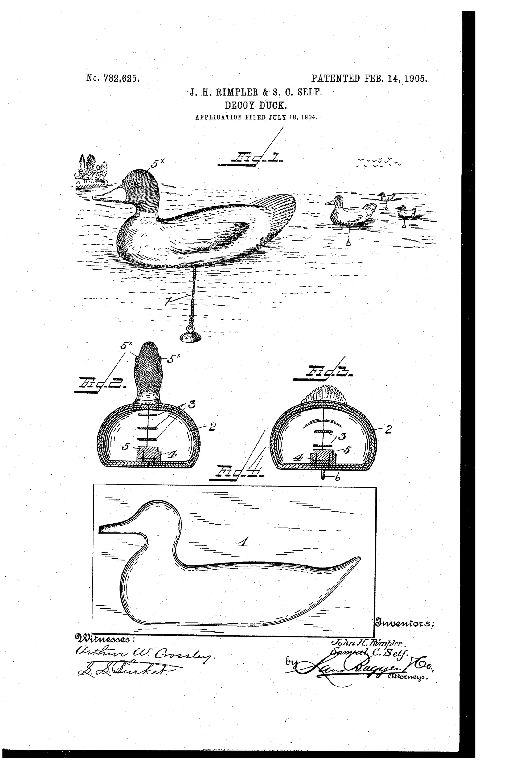 Patent drawing showing a floating molded-paper duck decoy with an anchor cord and weight, plus cross-sectional views of its hollow interior weight and molding form, and a side view of the two duck-shaped mold halves.