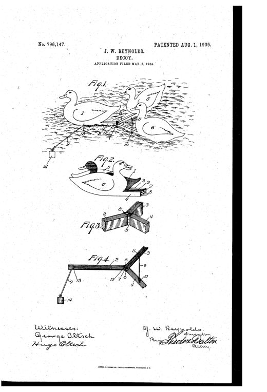 Patent drawing showing three duck-shaped decoys mounted on hinged wooden supports floating on water, with a cord running to an anchor, plus detail views of the folding hinge mechanism and folded configuration.