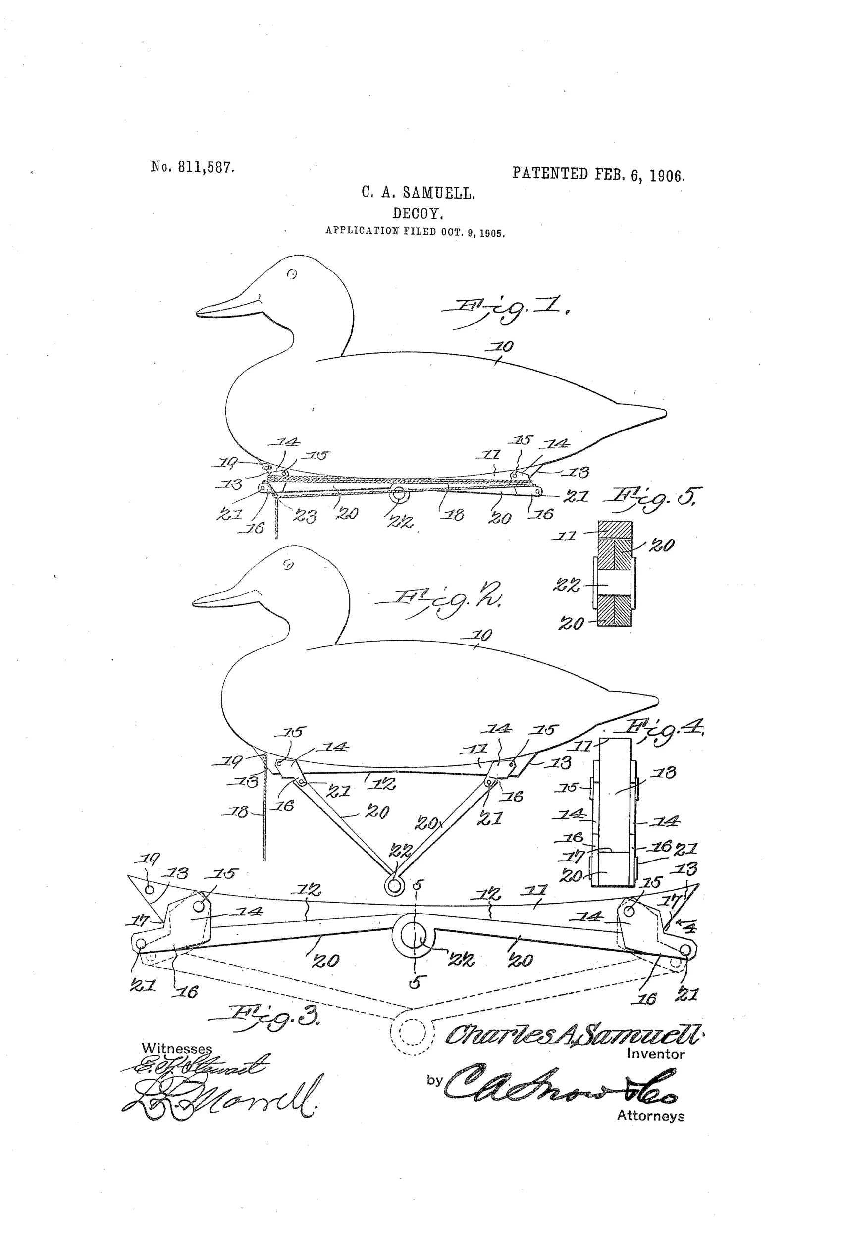 Patent drawing of a wooden duck decoy shown from the side with a detailed mechanical winding device underneath consisting of pivoted plates, levers, and a central pin used to wind and release the anchor cable, with additional cross-sectional and end views of the hardware.