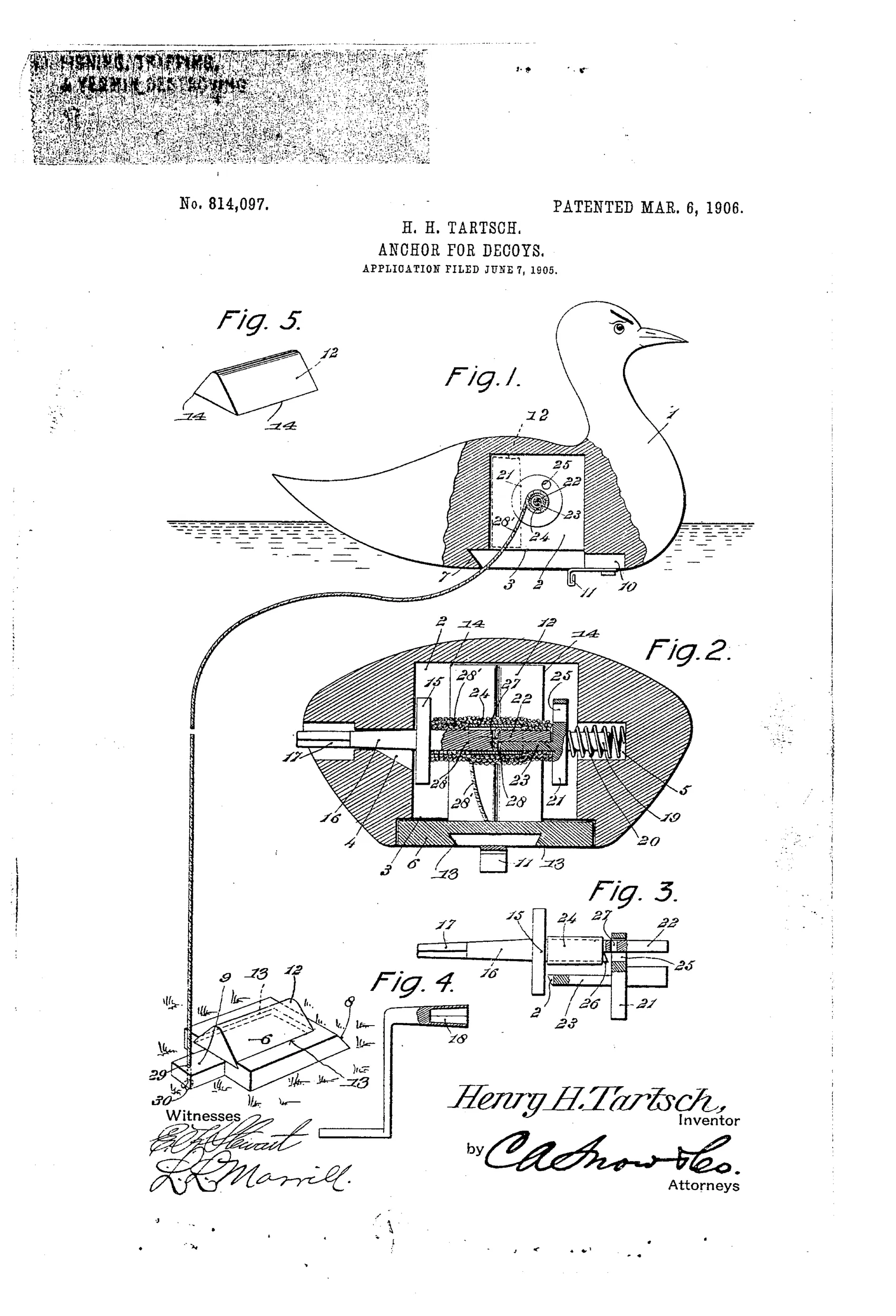 Patent drawing of a duck-shaped decoy shown in cross-section with an internal cavity containing a rotatable cord reel and anchor, plus separate detail views of the reel, winding key, and an added weight block.