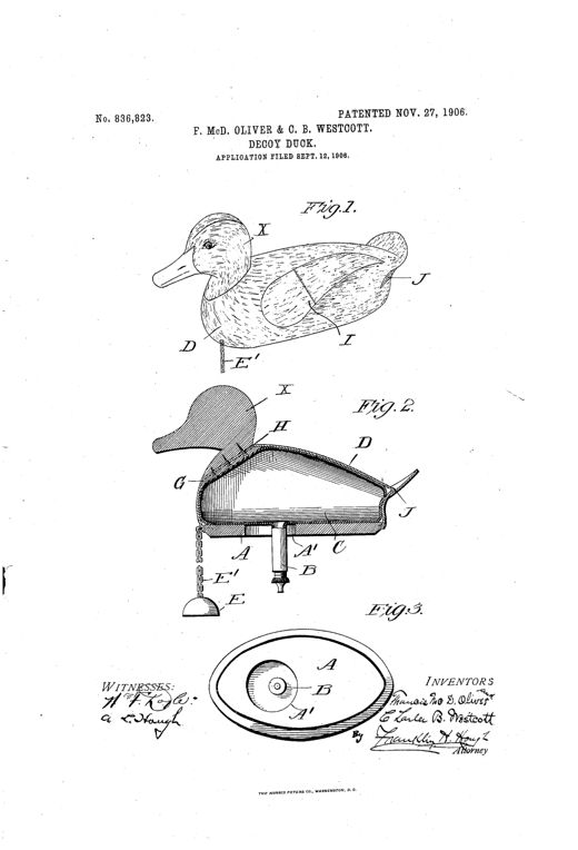 Patent drawing of a duck decoy shown in three views: a full perspective of the inflated cloth-bodied duck with wooden head, an internal cross-section revealing the air bag, filling tube, valve, and weighted chain, and a bottom plan view showing the valve opening.