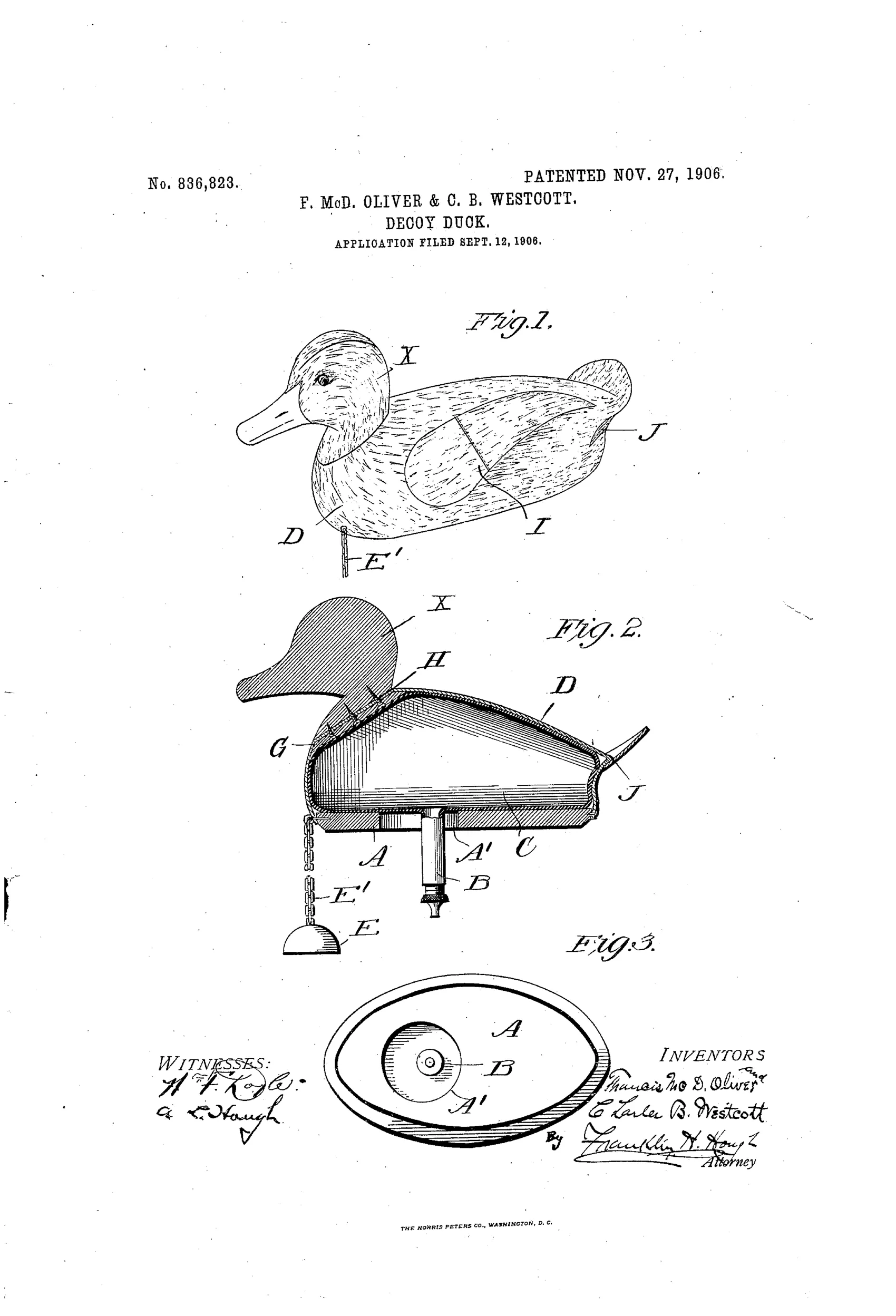 Patent drawing of a duck decoy shown in three views: a full perspective of the inflated cloth-bodied duck with wooden head, an internal cross-section revealing the air bag, filling tube, valve, and weighted chain, and a bottom plan view showing the valve opening.