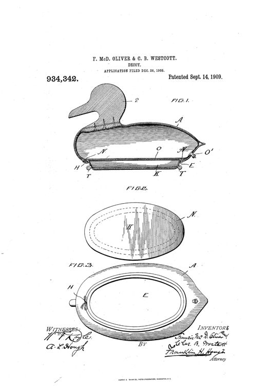 Patent drawing of a canvas duck decoy shown in cross-section with an inflatable rubber bag inside the body, a removable flanged metal bottom plate labeled N and K, a puckering string H cinching the fabric edge around the bottom, and anchoring rings T at the front and rear.