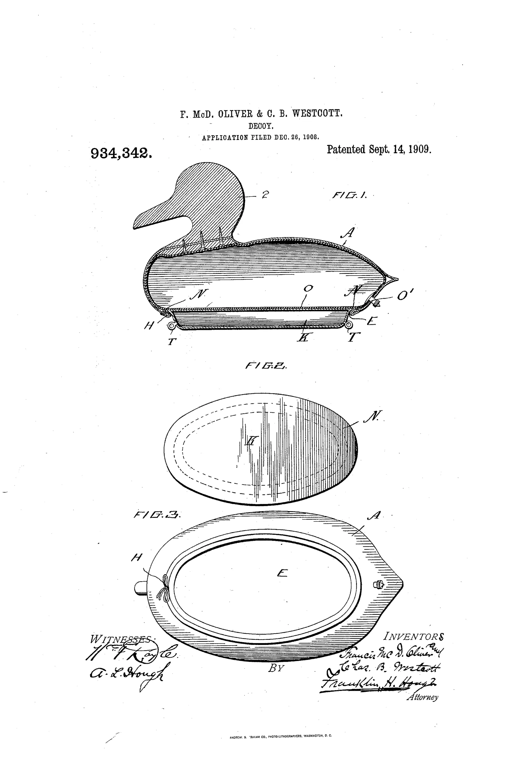 Patent drawing of a canvas duck decoy shown in cross-section with an inflatable rubber bag inside the body, a removable flanged metal bottom plate labeled N and K, a puckering string H cinching the fabric edge around the bottom, and anchoring rings T at the front and rear.