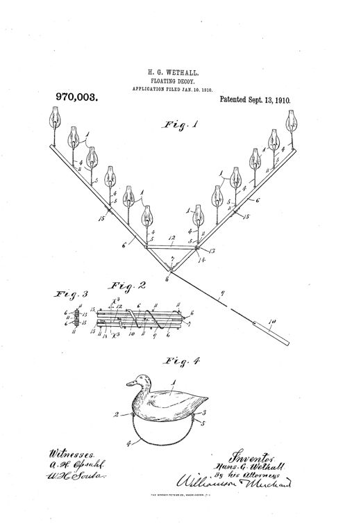 Patent drawing showing a V-shaped folding decoy rig with two hinged drag bars each holding several duck decoys on drag lines, a central spreader bar, an anchor line trailing to a lead anchor, a folded compact view of the framework, and a detail of a single decoy duck.