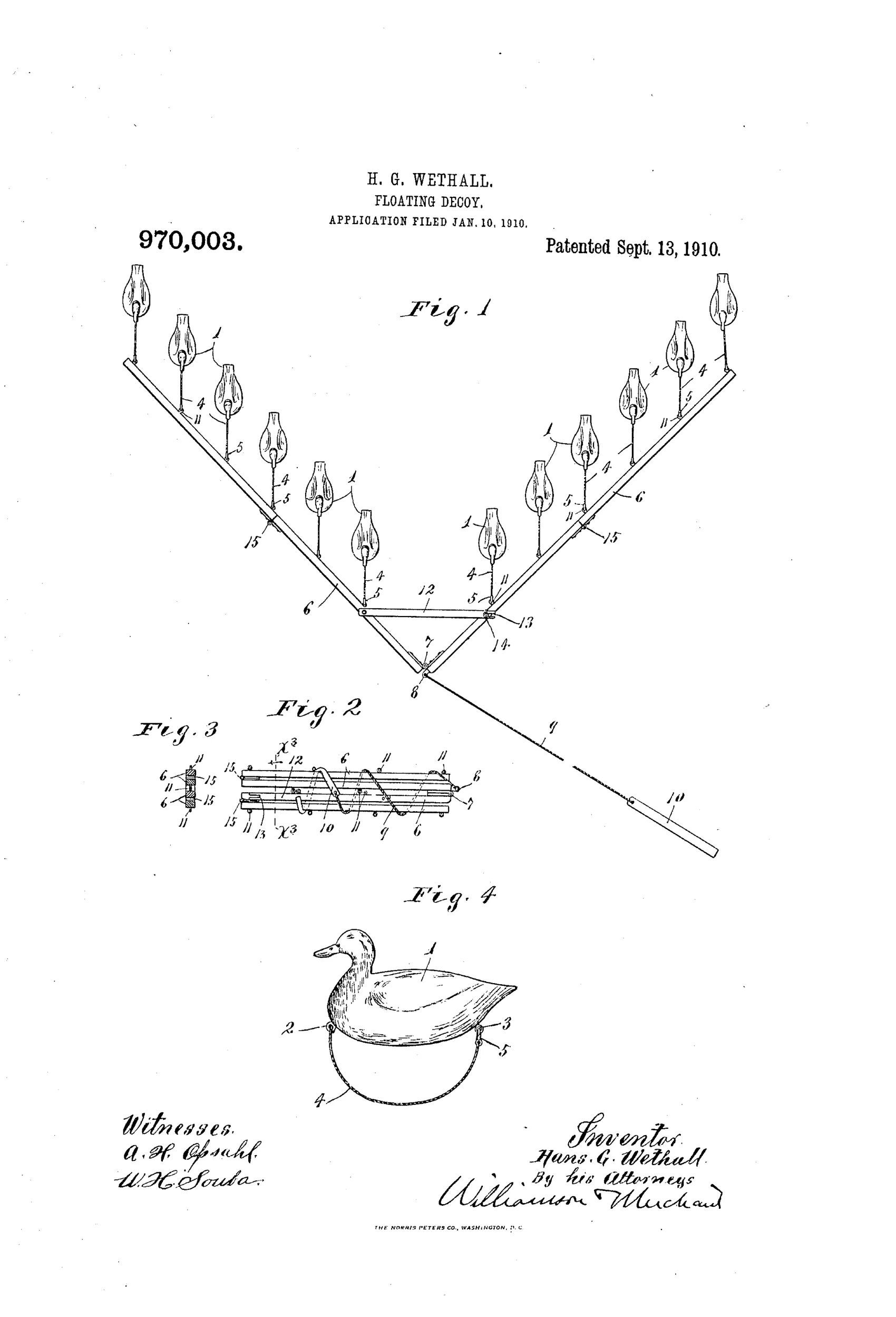 Patent drawing showing a V-shaped folding decoy rig with two hinged drag bars each holding several duck decoys on drag lines, a central spreader bar, an anchor line trailing to a lead anchor, a folded compact view of the framework, and a detail of a single decoy duck.