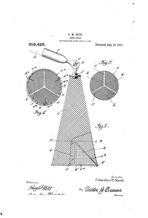 Patent drawing of a conical wire mesh frog trap with a long handle at the top, showing the funnel-shaped body and, in two circular insets, the three-part spring-hinged mouth doors that open inward to admit a frog and close to trap it.