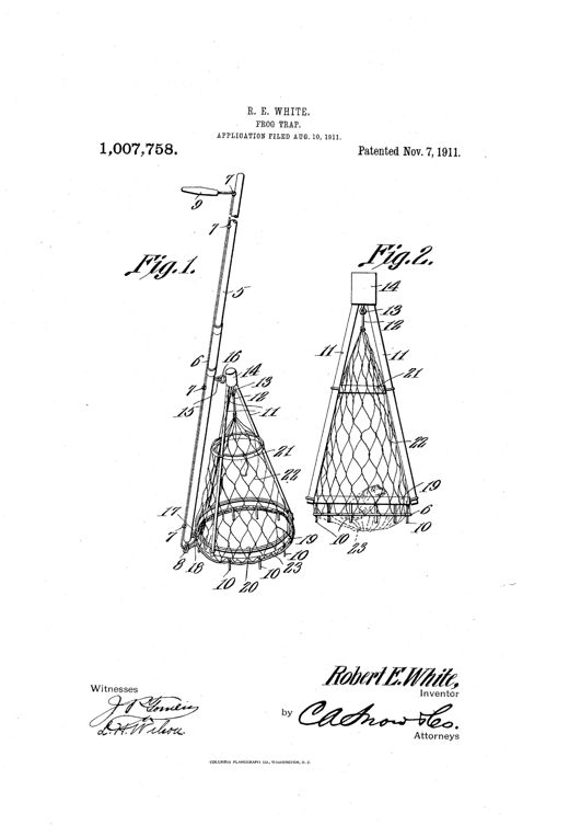 Patent drawing showing two figures: Fig. 1 depicts a long jointed pole with a handle at top and a conical netted bag with flexible fingers at the bottom, and Fig. 2 shows a detailed elevation of the conical mesh bag suspended from a triangular frame with rings and braces, with numbered parts labeling the cord, rings, fingers, and eyelets.