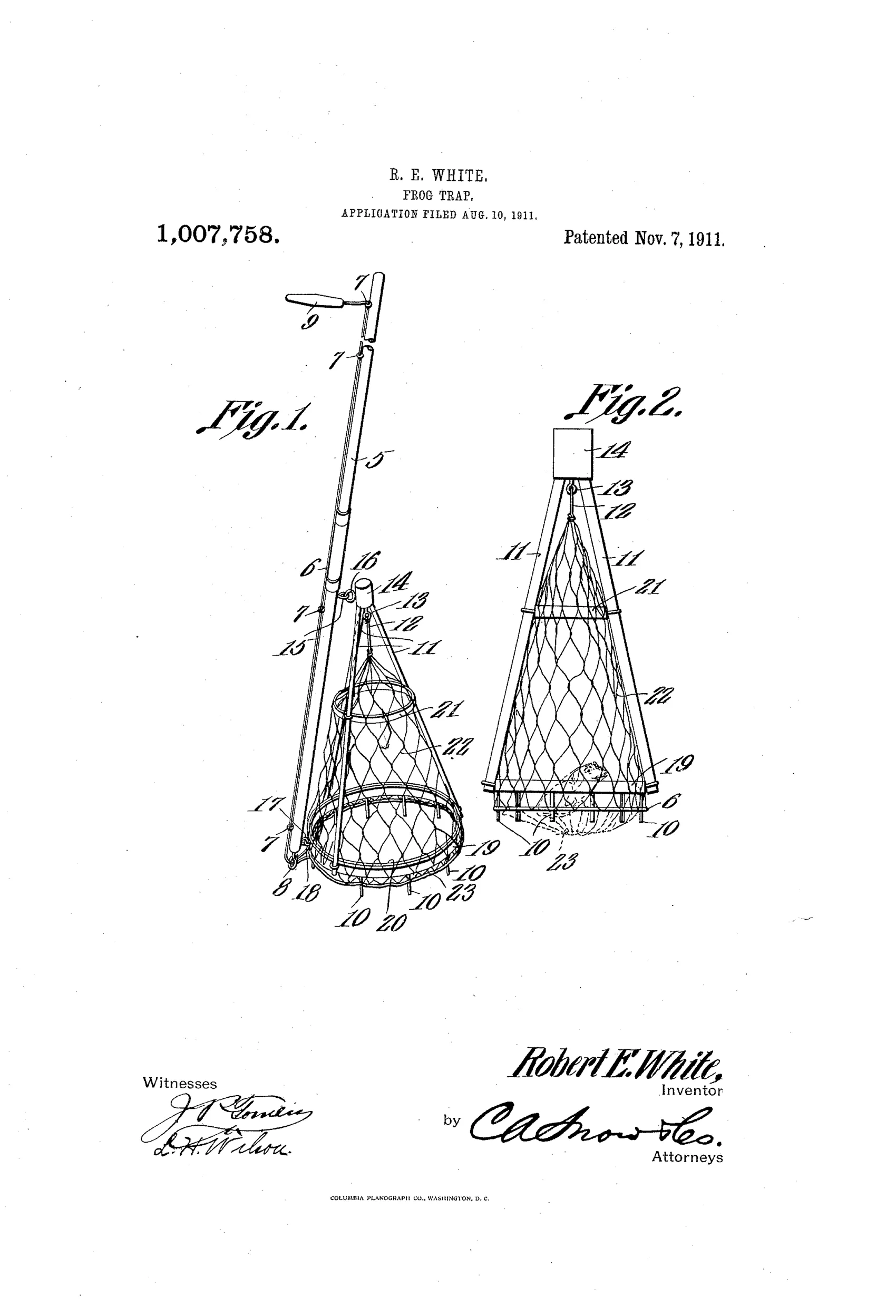Patent drawing showing two figures: Fig. 1 depicts a long jointed pole with a handle at top and a conical netted bag with flexible fingers at the bottom, and Fig. 2 shows a detailed elevation of the conical mesh bag suspended from a triangular frame with rings and braces, with numbered parts labeling the cord, rings, fingers, and eyelets.