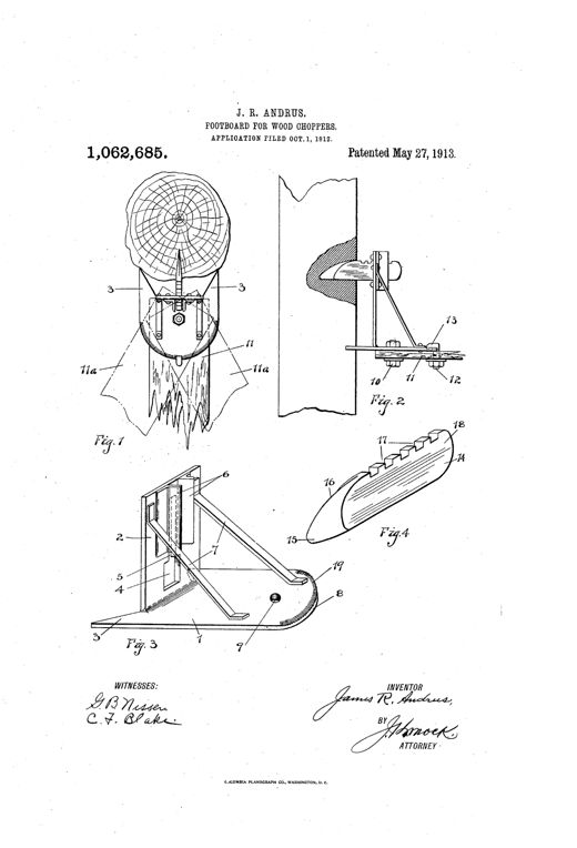 Patent drawing showing a wood-chopper's footboard mounted on a tree trunk, with a notched wedge bar driven into the bark, an L-shaped barbed steel frame sliding onto the bar, and a swinging footboard secured by a bolt engaging notches along its edge.