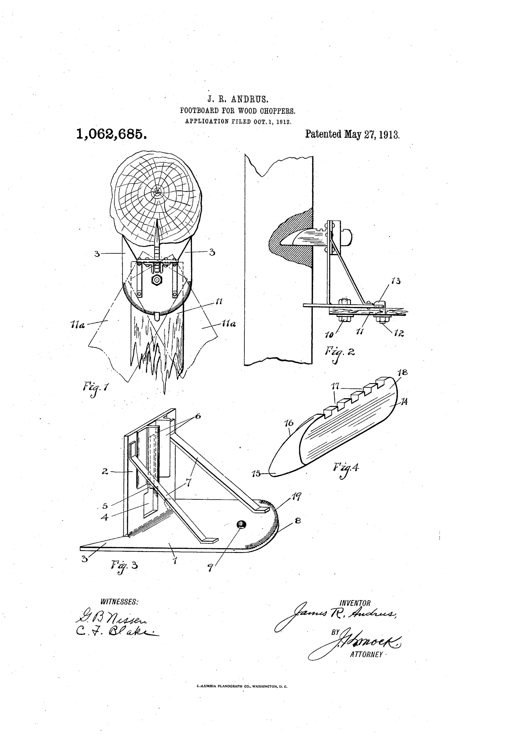 Patent drawing showing a wood-chopper's footboard mounted on a tree trunk, with a notched wedge bar driven into the bark, an L-shaped barbed steel frame sliding onto the bar, and a swinging footboard secured by a bolt engaging notches along its edge.
