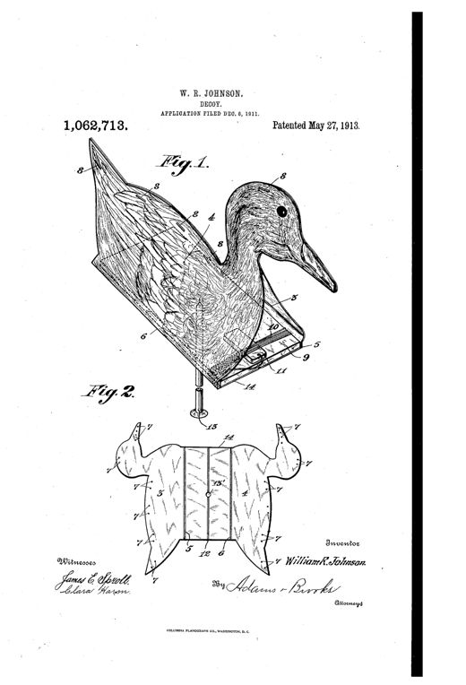 Patent drawing of a duck-shaped decoy assembled from two side cardboard panels with a float insert, anchor cord, and weighted nail, alongside a flat cut pattern showing the duck outline before folding.
