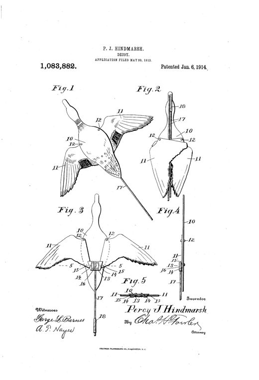 Patent drawing of a flat sheet-metal duck decoy shown from above with wings spread and pivoted at the shoulders, alongside a side view showing the wings folded flat against the body and a jointed picketing rod inserted into a cleat socket beneath.