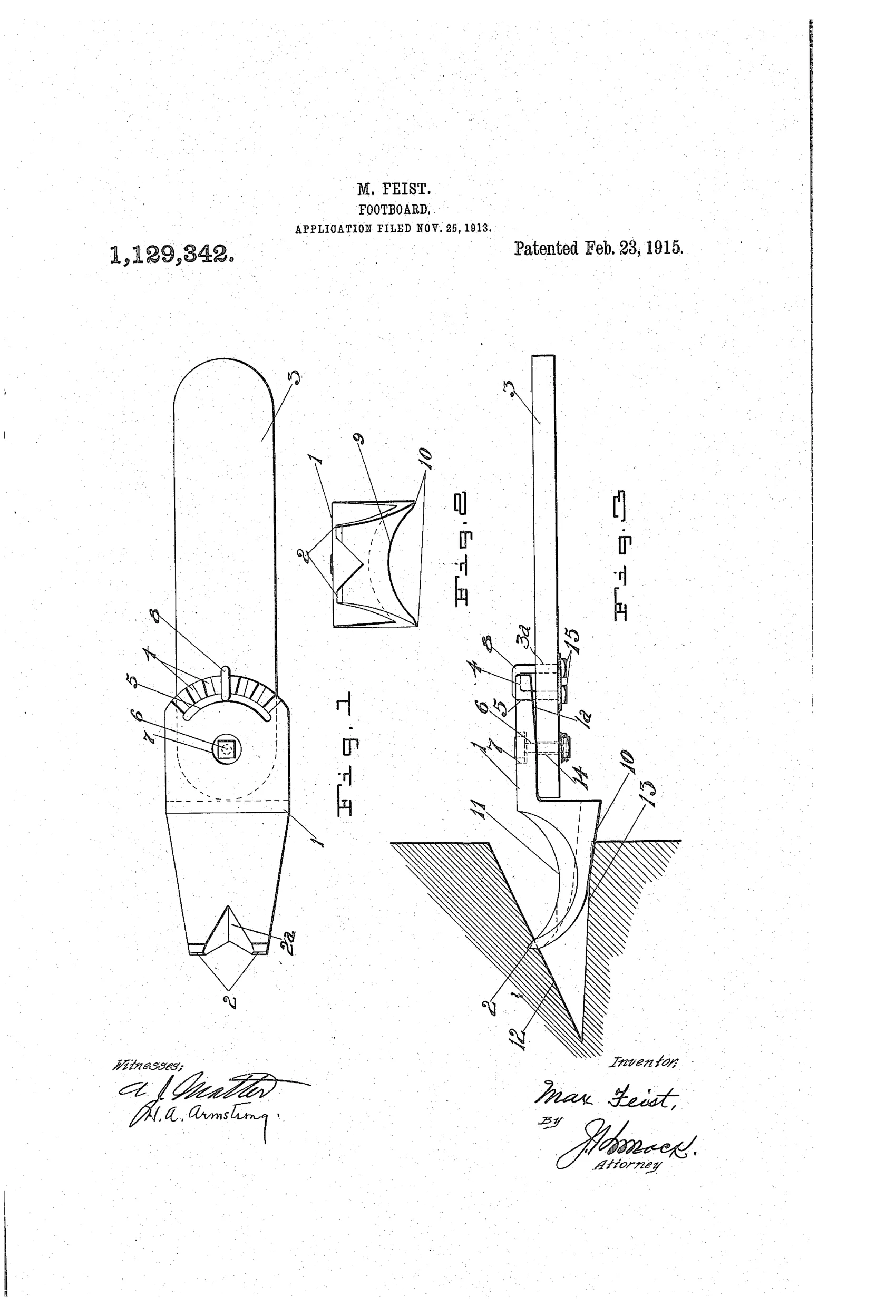 Patent drawing showing a wooden footboard with a rounded rear plate, radial grooves, and a sharpened toe-like front end engaging in a V-shaped notch cut into a tree stump, with a U-clamp and bolt assembly securing the pivoting board.