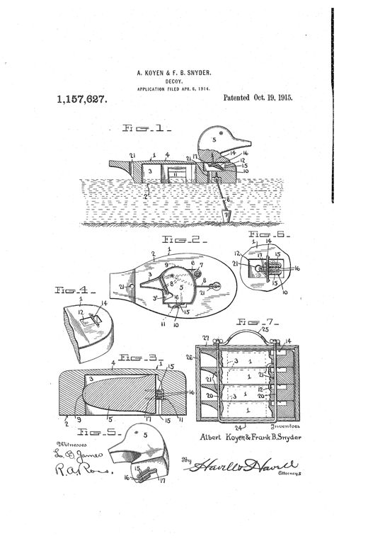 Patent drawing sheet showing a duck decoy body with a hollow bottom chamber, a separate duck head fitted with a spring wire clip, and a wooden carrying case holding multiple stacked decoy bodies strung on bars.