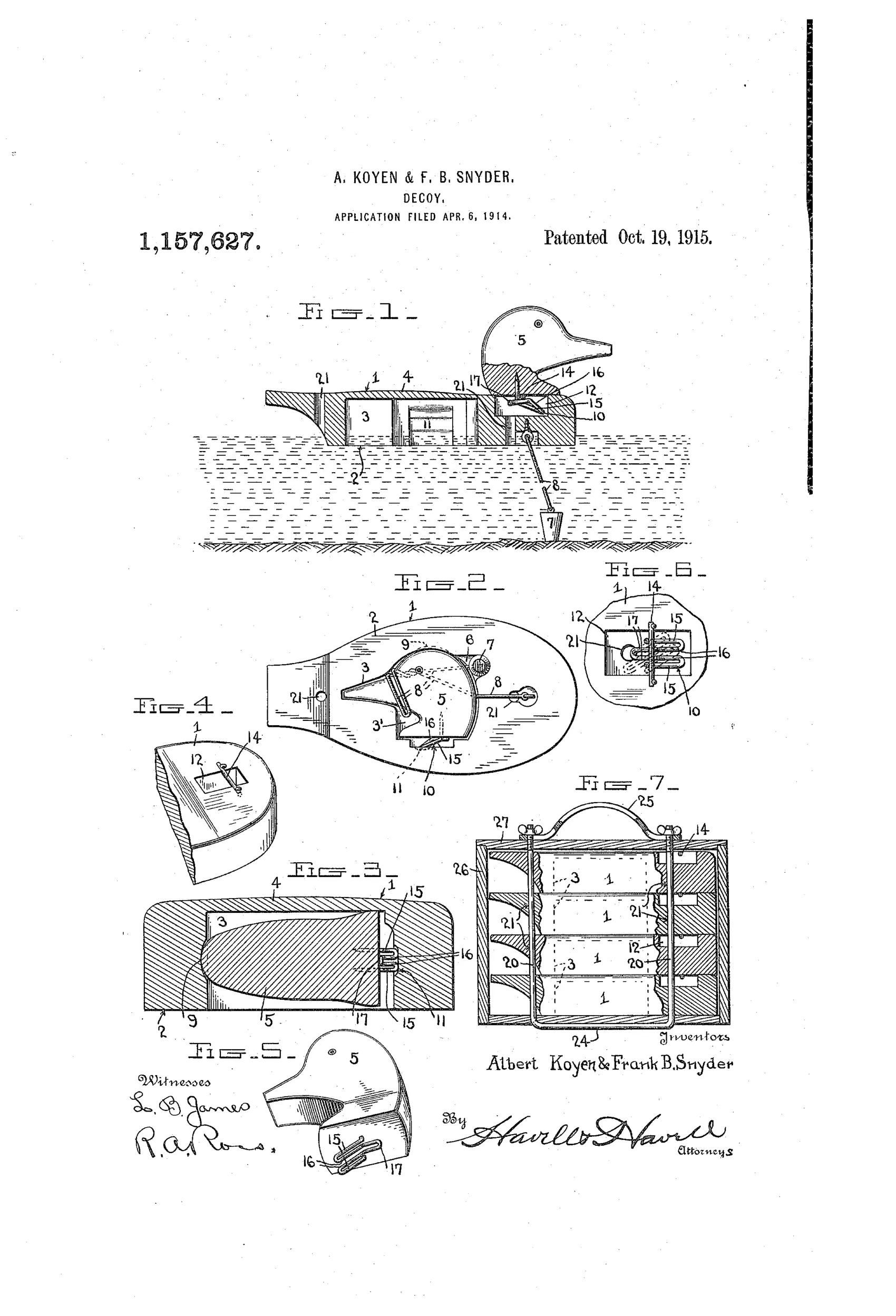 Patent drawing sheet showing a duck decoy body with a hollow bottom chamber, a separate duck head fitted with a spring wire clip, and a wooden carrying case holding multiple stacked decoy bodies strung on bars.