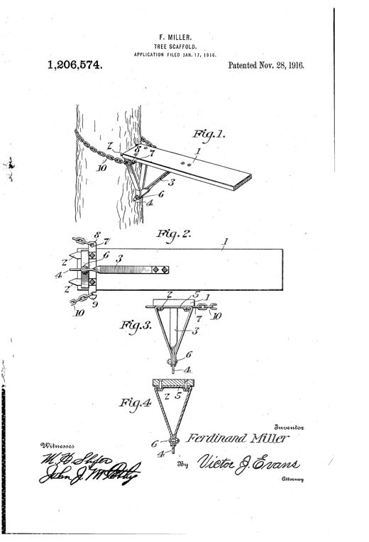 Patent drawing showing a wooden spring board with metal spurs and a chain wrapped around a tree trunk, plus detailed bottom-view and cross-sectional diagrams of the brace arm, yoke, and spur assembly.