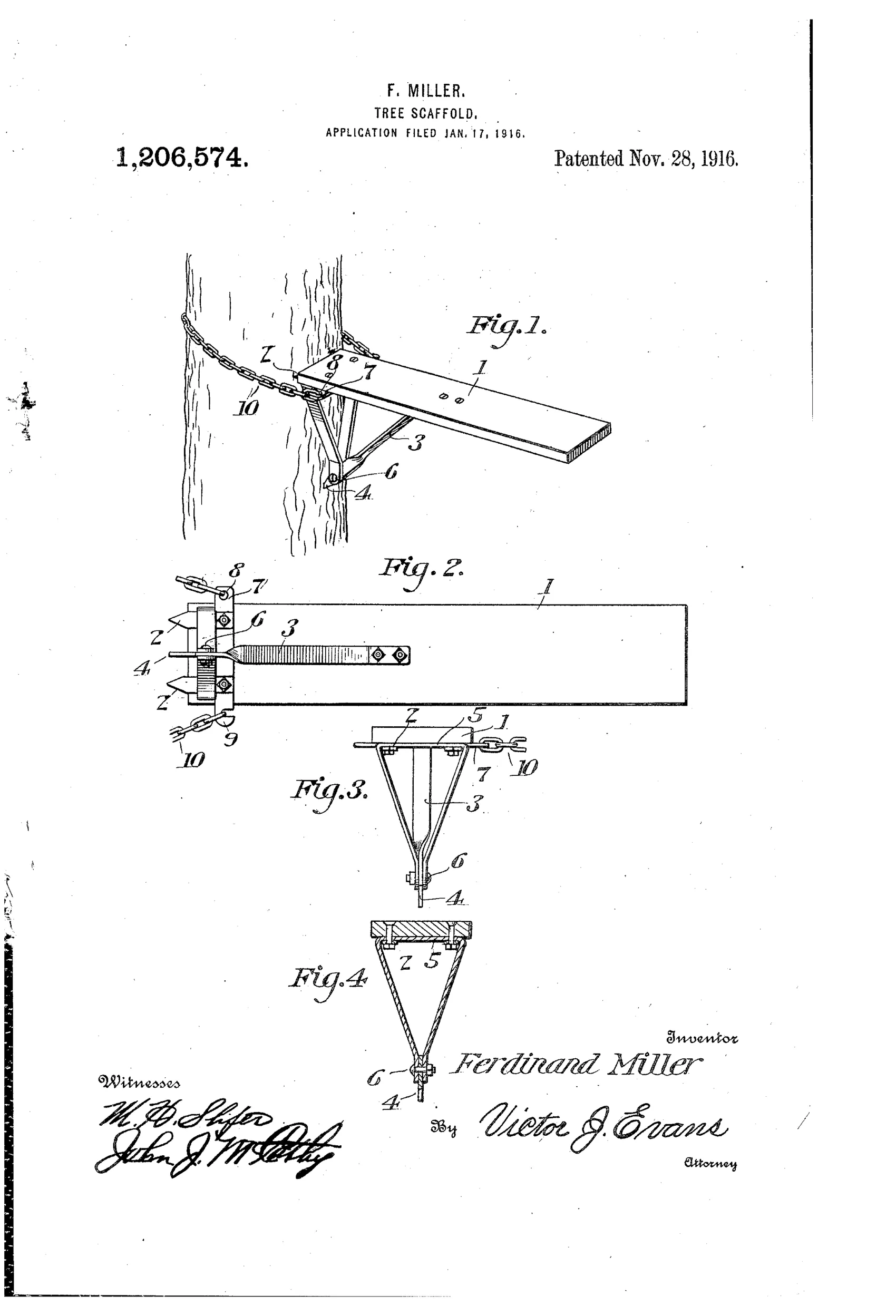 Patent drawing showing a wooden spring board with metal spurs and a chain wrapped around a tree trunk, plus detailed bottom-view and cross-sectional diagrams of the brace arm, yoke, and spur assembly.