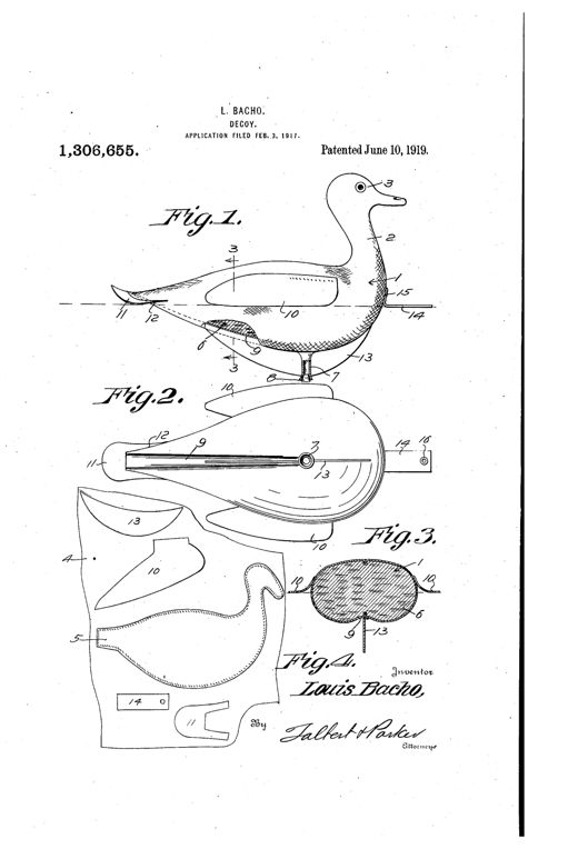 Patent drawing showing a side view of a duck-shaped decoy with labeled parts including head, neck, body, tail flange, keel, and filling tube, along with a bottom plan view and a flat pattern blank for cutting the material.