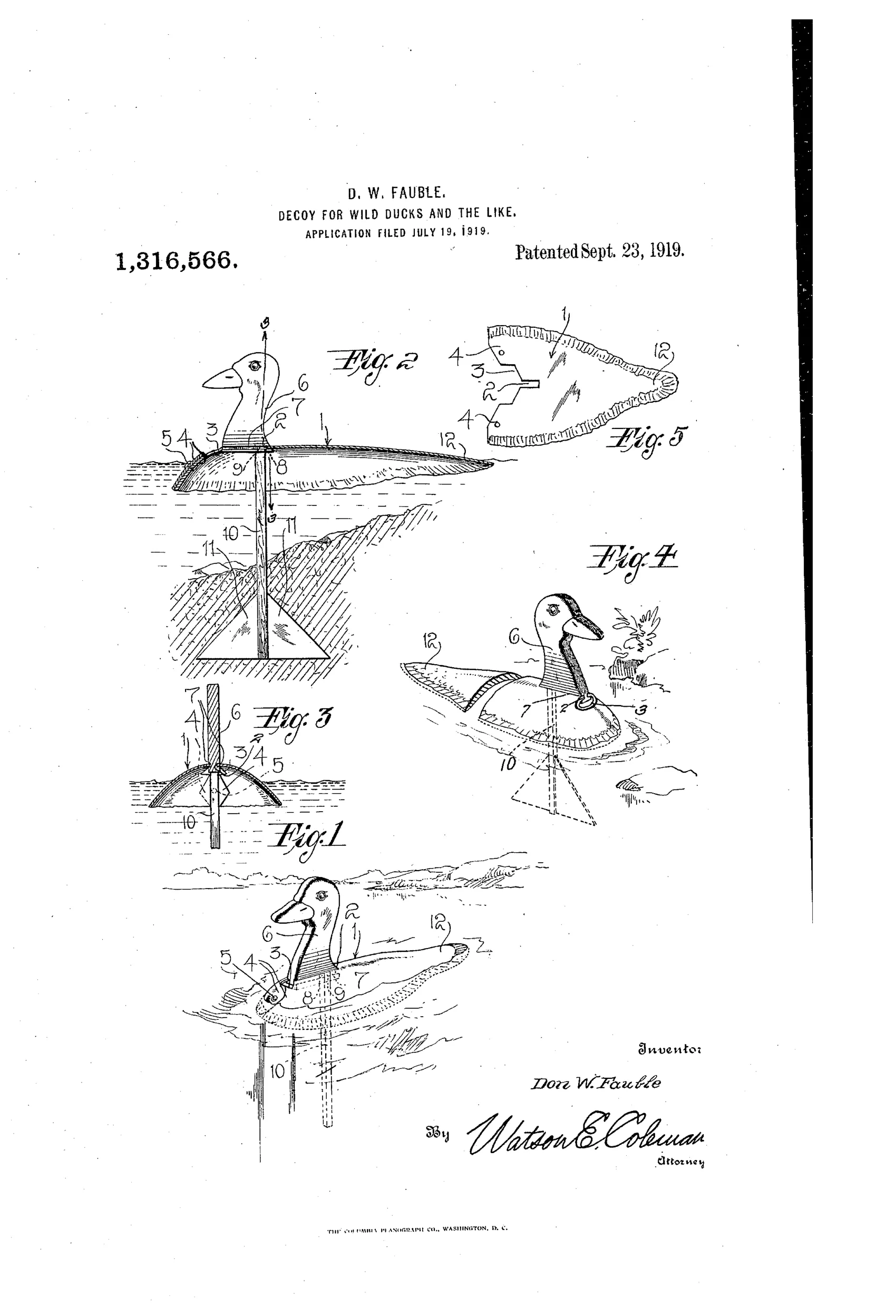 Patent drawing of a duck decoy showing a hollow arch-shaped body with a removable duck head that slots into a groove, plus a vertical stem and fin assembly for balancing the decoy in water.