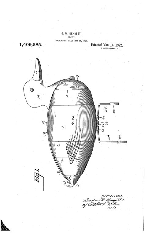 Patent drawing of a collapsible duck decoy shown in side and sectional views, with a pivoting duck head, telescoping oval body sections, and a U-shaped weighted wire beneath the body used for balancing and locking.