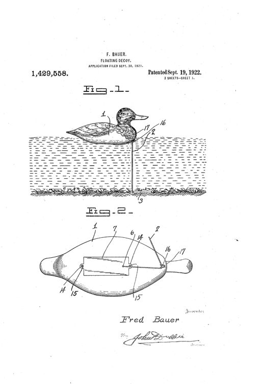 Patent drawings of a wooden duck-shaped floating decoy in side and sectional views, showing an internal spring roller reel that winds an anchor cord passing down through the body to a rectangular loop anchor, with a spring catch on the breast to hold the cord at length.