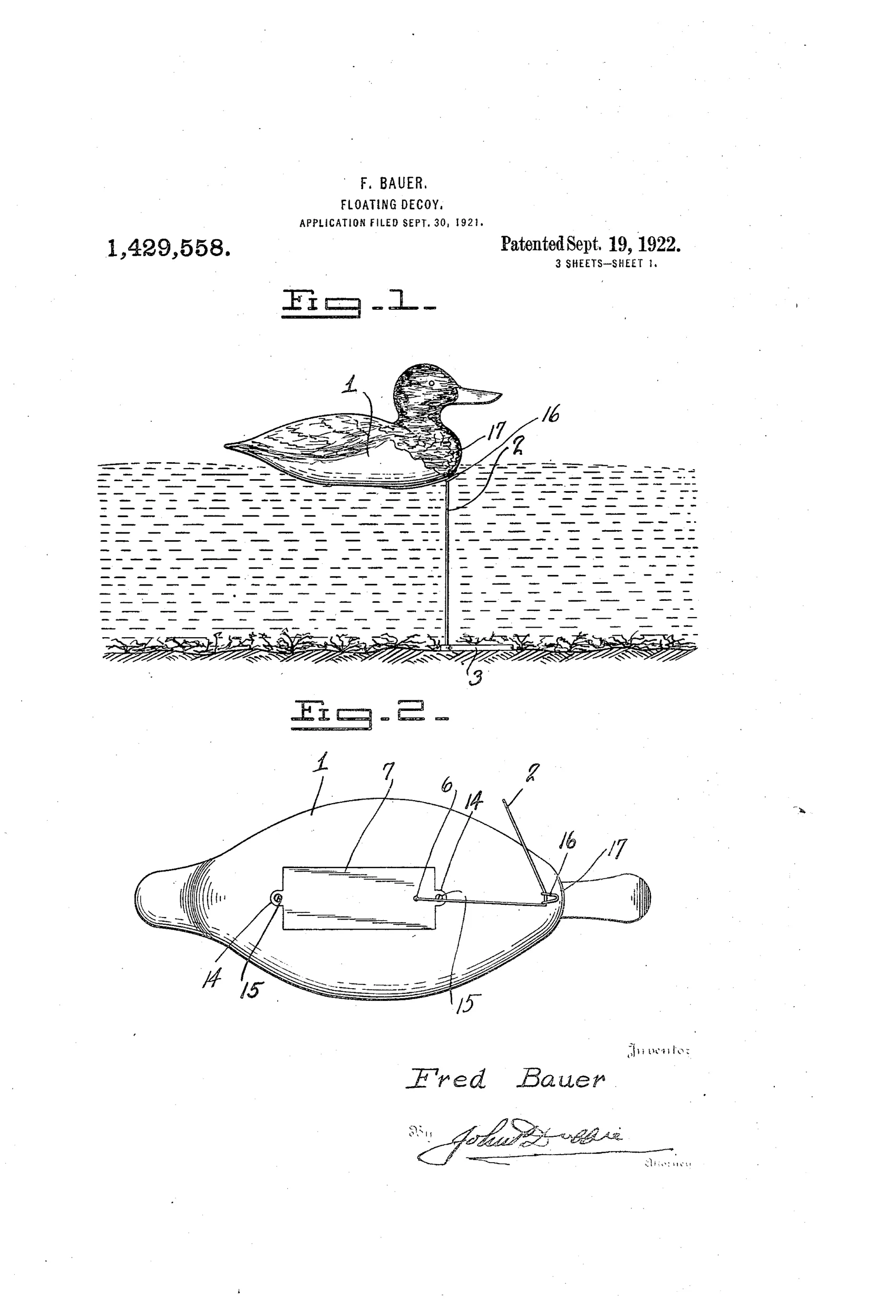 Patent drawings of a wooden duck-shaped floating decoy in side and sectional views, showing an internal spring roller reel that winds an anchor cord passing down through the body to a rectangular loop anchor, with a spring catch on the breast to hold the cord at length.