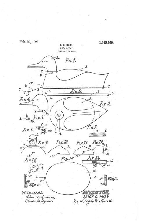 Patent drawing sheet showing a duck decoy in multiple views: a side profile of the assembled decoy with head and body, exploded views of the hollow metal body, removable wooden head with locking lug, detachable oval floating bottom, and small detail drawings of fasteners, clips, and projecting members numbered 2 through 22.