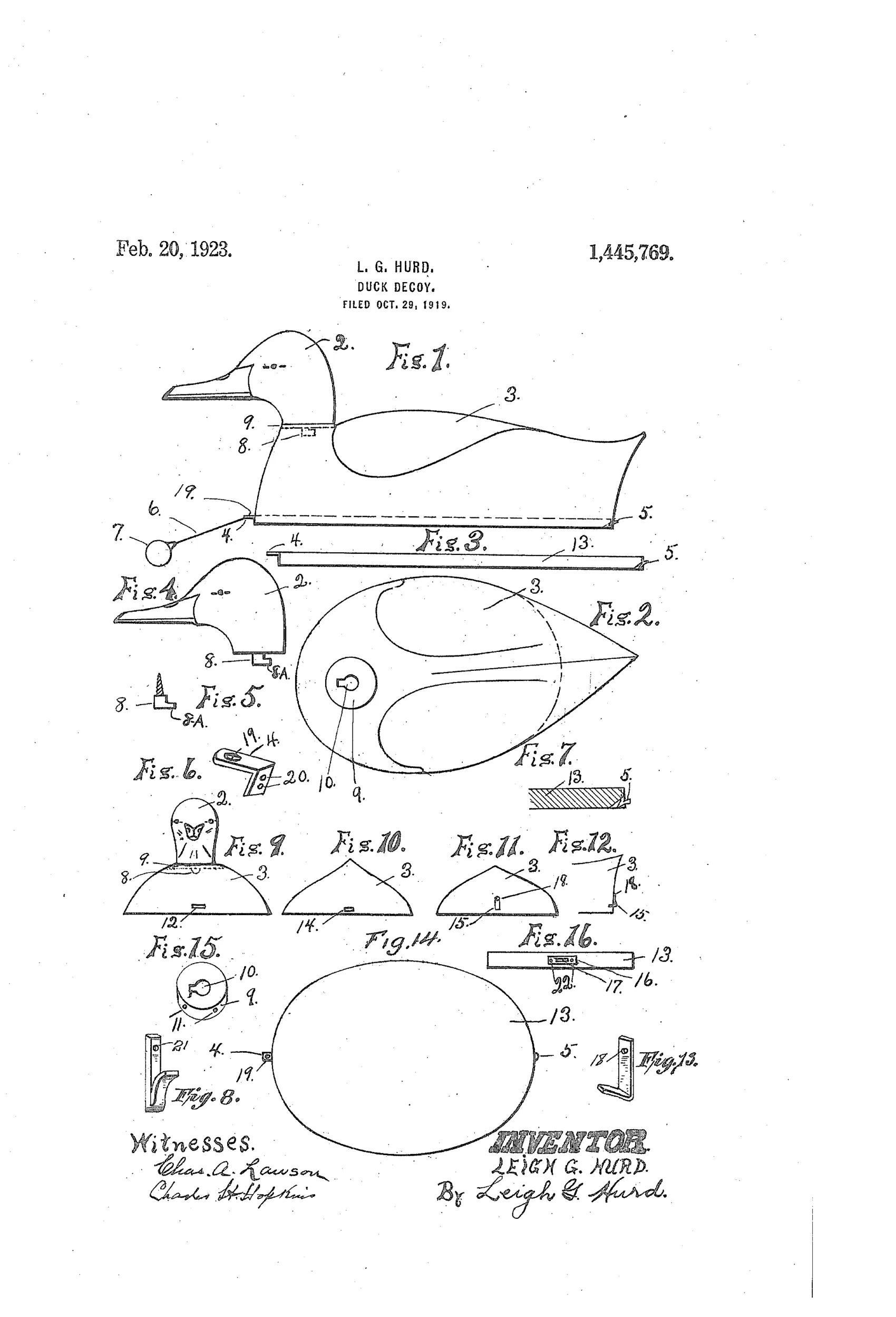 Patent drawing sheet showing a duck decoy in multiple views: a side profile of the assembled decoy with head and body, exploded views of the hollow metal body, removable wooden head with locking lug, detachable oval floating bottom, and small detail drawings of fasteners, clips, and projecting members numbered 2 through 22.