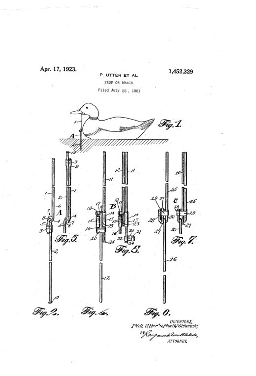 Patent drawing showing a mallard decoy propped upright by a rod through its bill and body, with seven detailed figures illustrating a collapsible two-arm prop mechanism with a sliding locking sleeve in both extended and collapsed configurations.