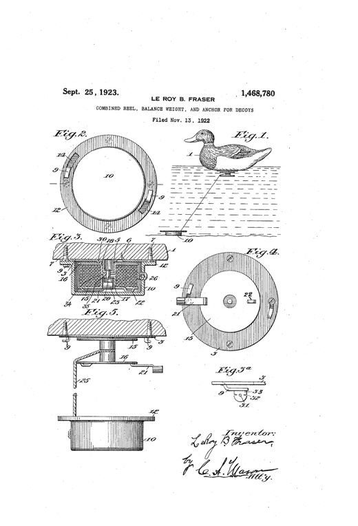 Patent drawing sheet showing a duck decoy floating on water with a weighted cord reel mounted beneath it, plus enlarged circular plan and cross-section views of the reel, hub plate, locking cover, and folding handle mechanism.