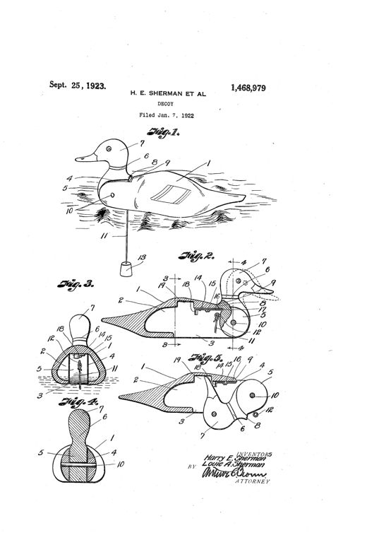 Patent drawing of a duck-shaped decoy floating on water with numbered parts pointing to the head, neck, hollow body, bottom opening, anchor rope and weight, plus cross-section views showing the internal pivoted disk and latch mechanism and a collapsed storage configuration.