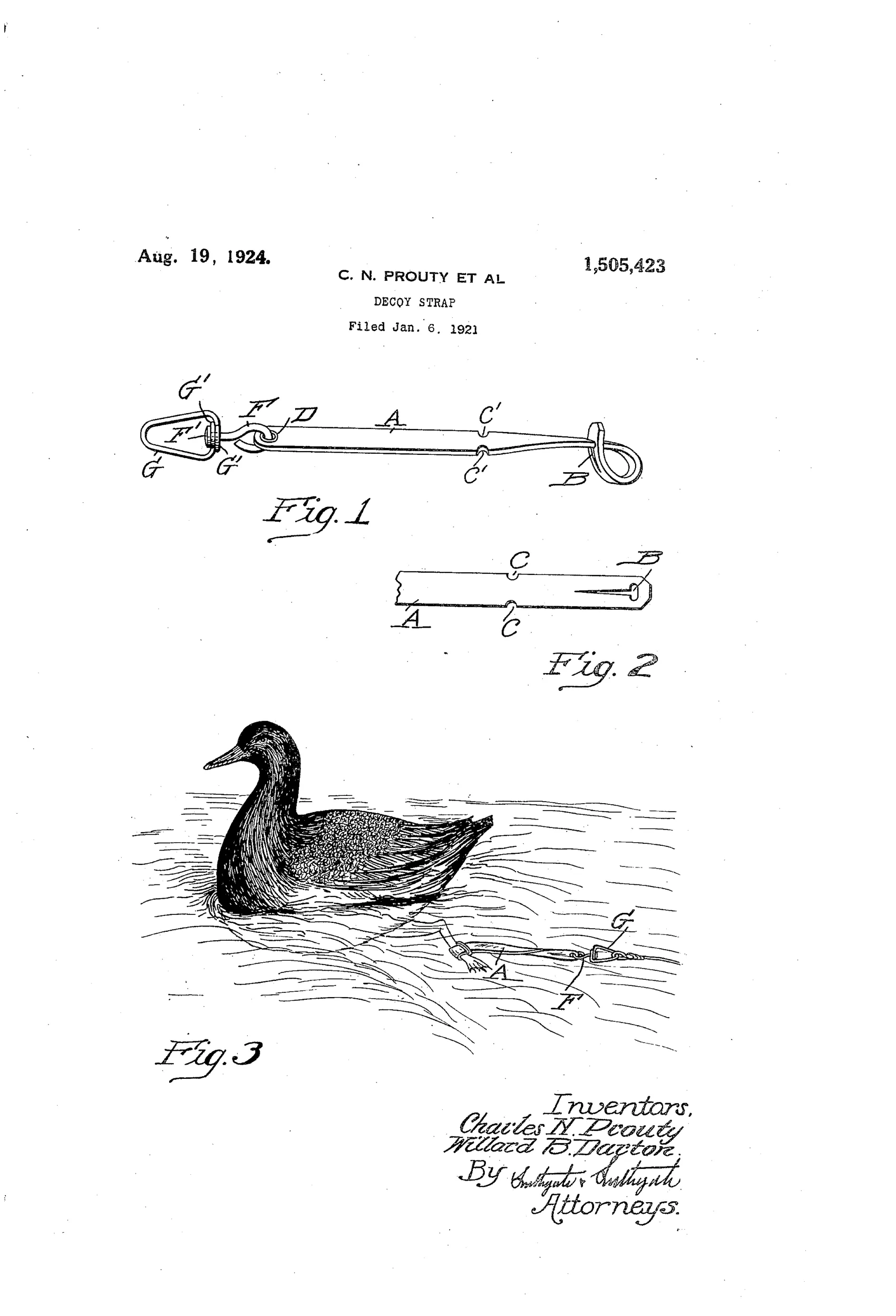 Patent drawing showing a leather decoy strap with a hook and swivel at one end and a notched buttonhole loop at the other, plus a third figure of a duck decoy floating on water with the strap looped around its leg and attached to an anchor line.