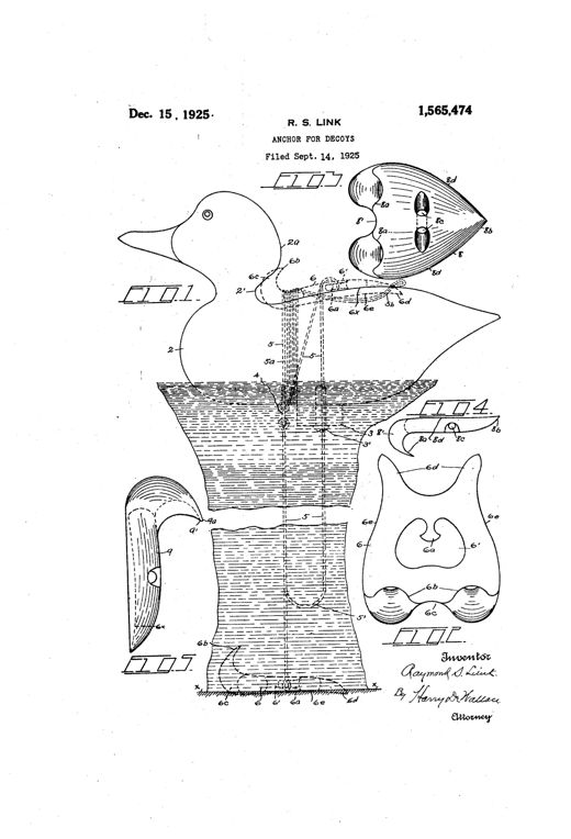 Patent drawing of a duck decoy showing an irregular metal anchor with hooks and prongs connected by cable to the decoy's body, with detail views of the anchor in various orientations and a rear anchor mounted saddle-style on the decoy's back.