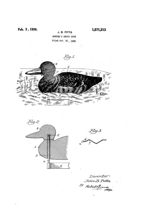 Patent drawing of a wooden duck decoy floating among reeds, showing a separate pivoting head atop the body with an internal stem and vane extending below the waterline, plus detail views of the mechanism and an alternate sinuous vane shape.
