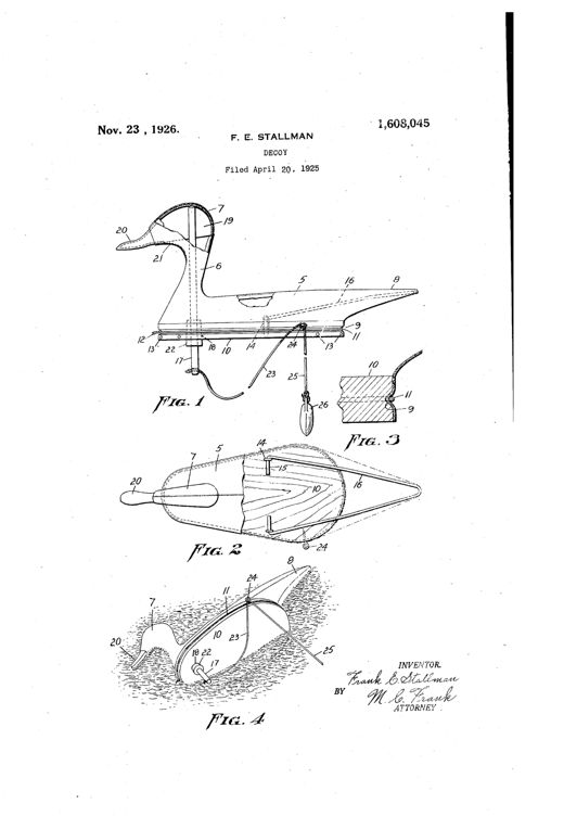 Patent drawing of a collapsible canvas duck decoy showing its base, head shell with beak, internal support post, wire stiffener, and a capsized perspective view demonstrating self-righting.