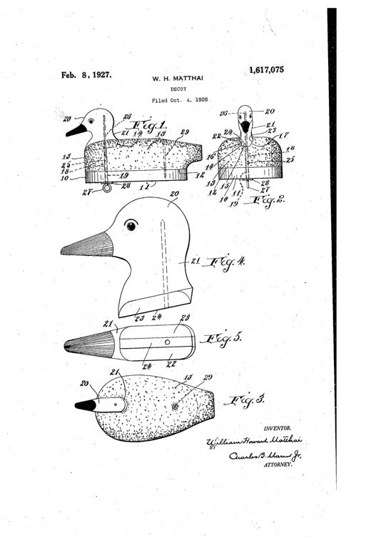 Patent drawing of a duck decoy showing five figures: a side view of the assembled cork body with wooden base, a front view revealing the internal groove and fastening pin, a top plan view, and two views of the detachable carved wooden head and neck showing its beveled base shaped to fit the body groove.