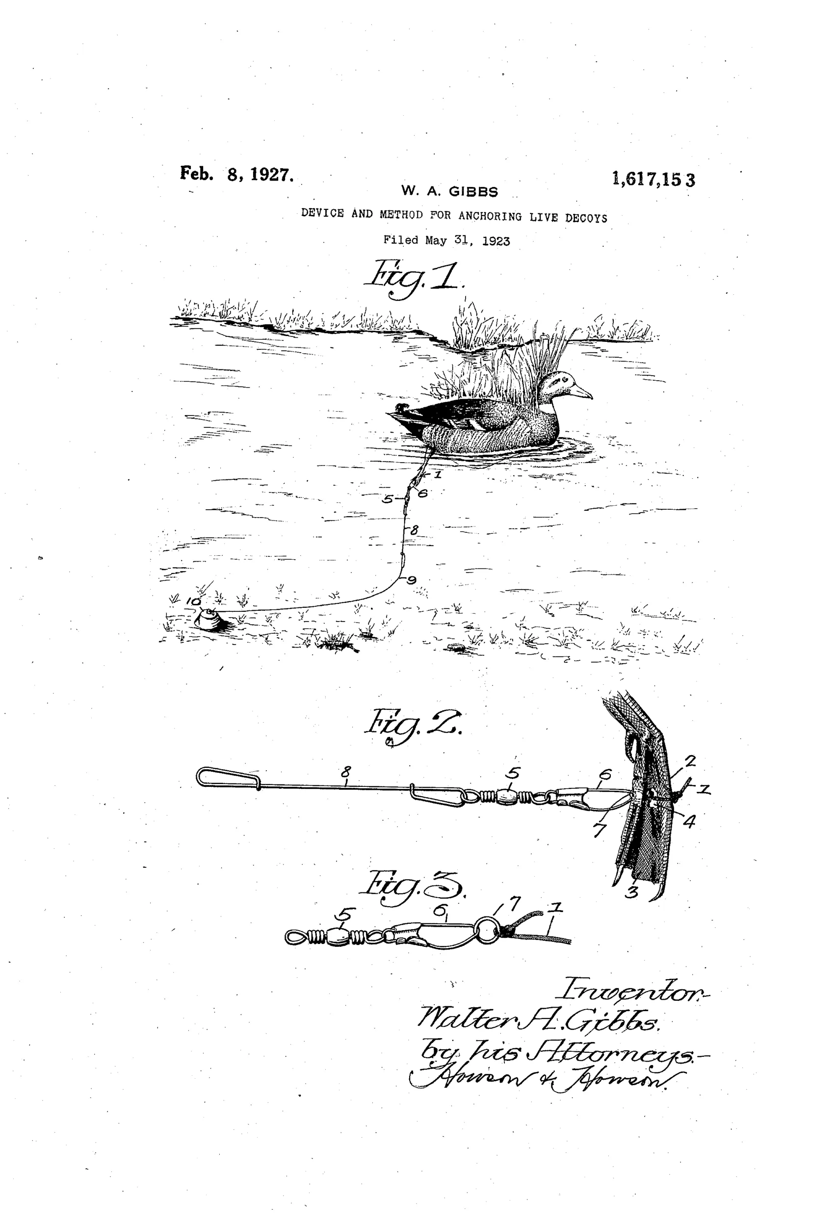 A patent drawing shows a live duck decoy floating on water with a cord running from its foot down through a swivel and rigid link to a weight anchored on the muddy bank, with two smaller diagrams below detailing the swivel, hook, and connector hardware.