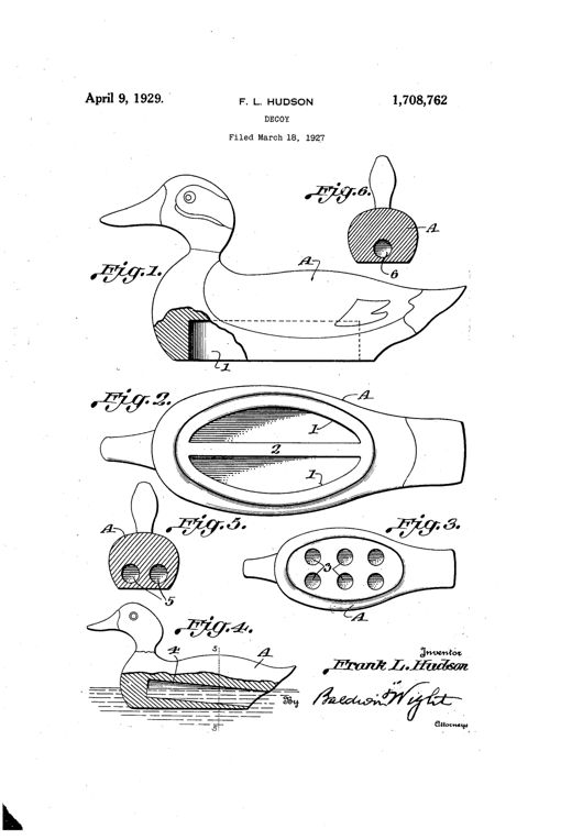 Patent drawing sheet showing six figures of a wooden duck decoy: a full side profile with a hollowed cavity in the breast (Fig. 1), a bottom view showing paired oval air cavities separated by a rib (Fig. 2), a bottom view with a cluster of circular holes (Fig. 3), a floating decoy on water with a hidden underwater cavity (Fig. 4), and two cross-sectional end views showing single and paired bored cavities (Figs. 5 and 6).