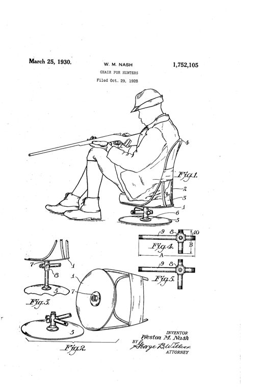 Patent drawing of a seated hunter aiming a rifle from a low swiveling chair with a pipe-fitting pedestal base, plus separate detail views of the threaded T-fitting standard and base plate.